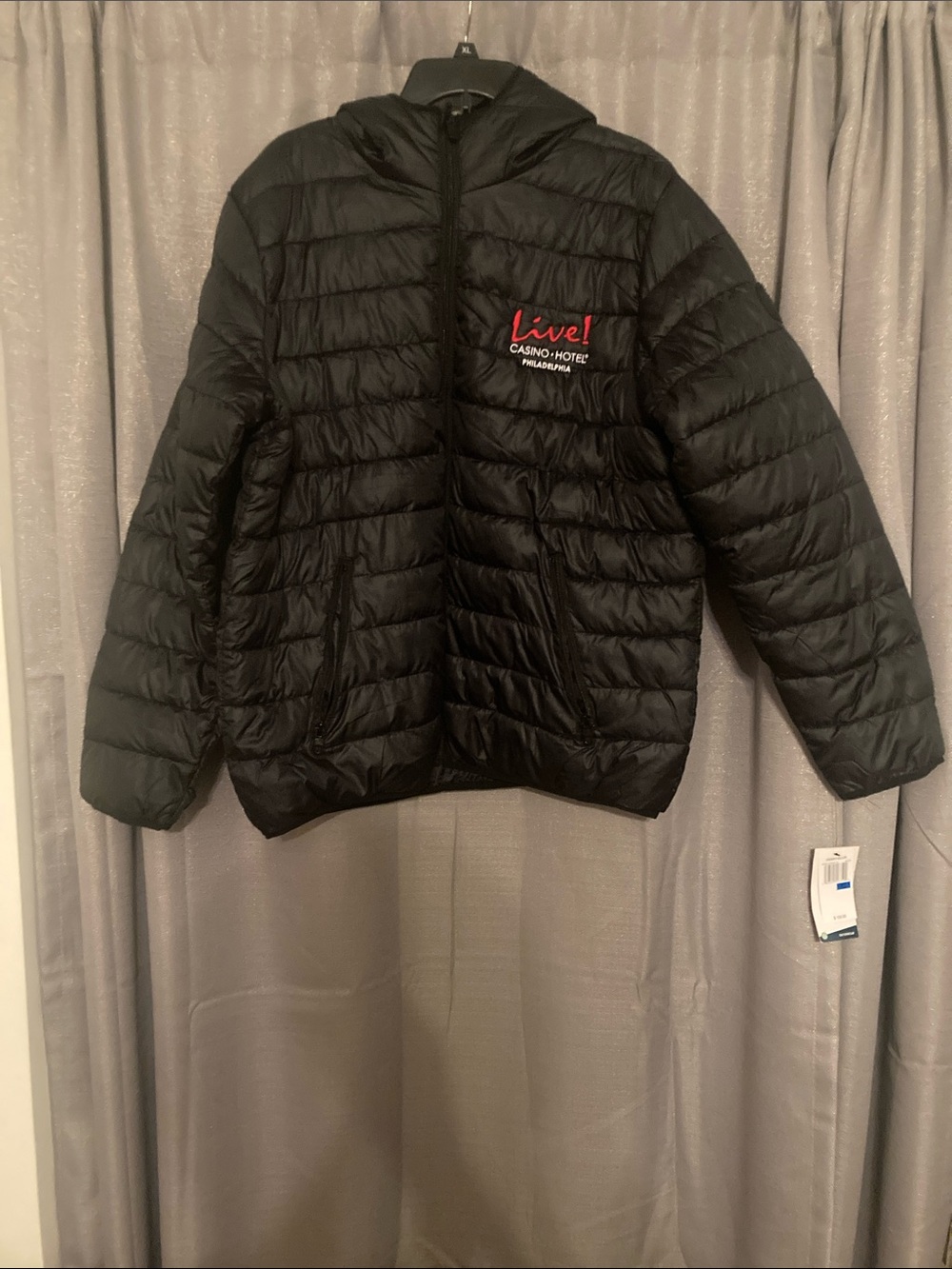 Perry Ellis Black Quilted Hooded Puffer Jacket with Red Logo